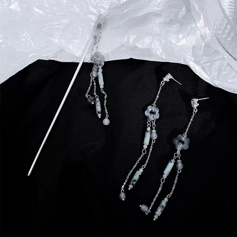 Straight hair hairpin Long acetic acid floret cylinder tassel hairpin hair dish earrings