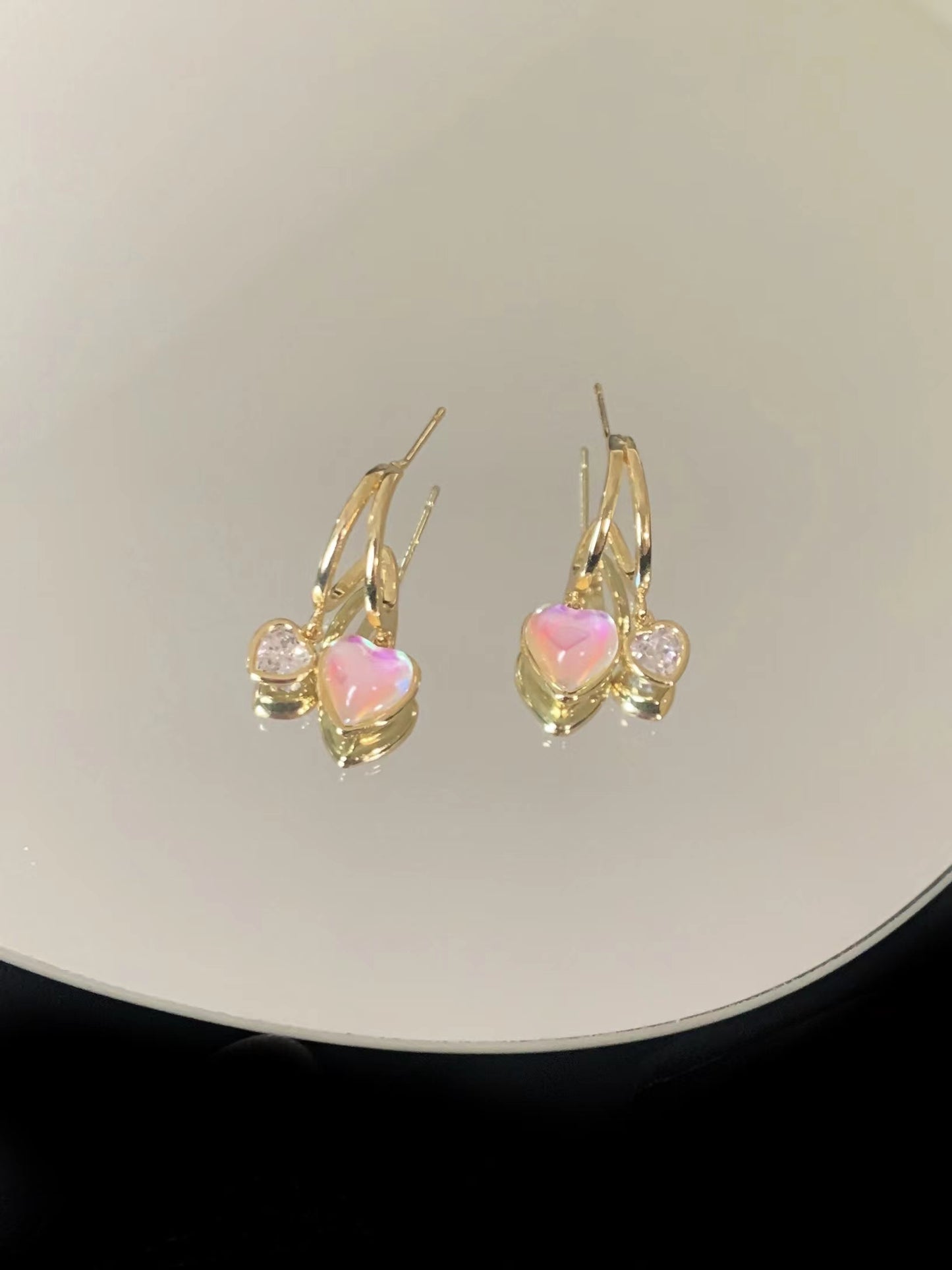 Double layer metal zircon cat eye love earrings Personalized versatile temperament earrings