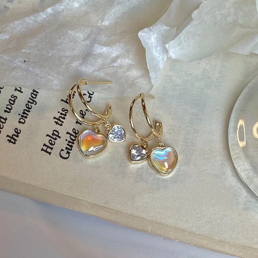 Double layer metal zircon cat eye love earrings Personalized versatile temperament earrings