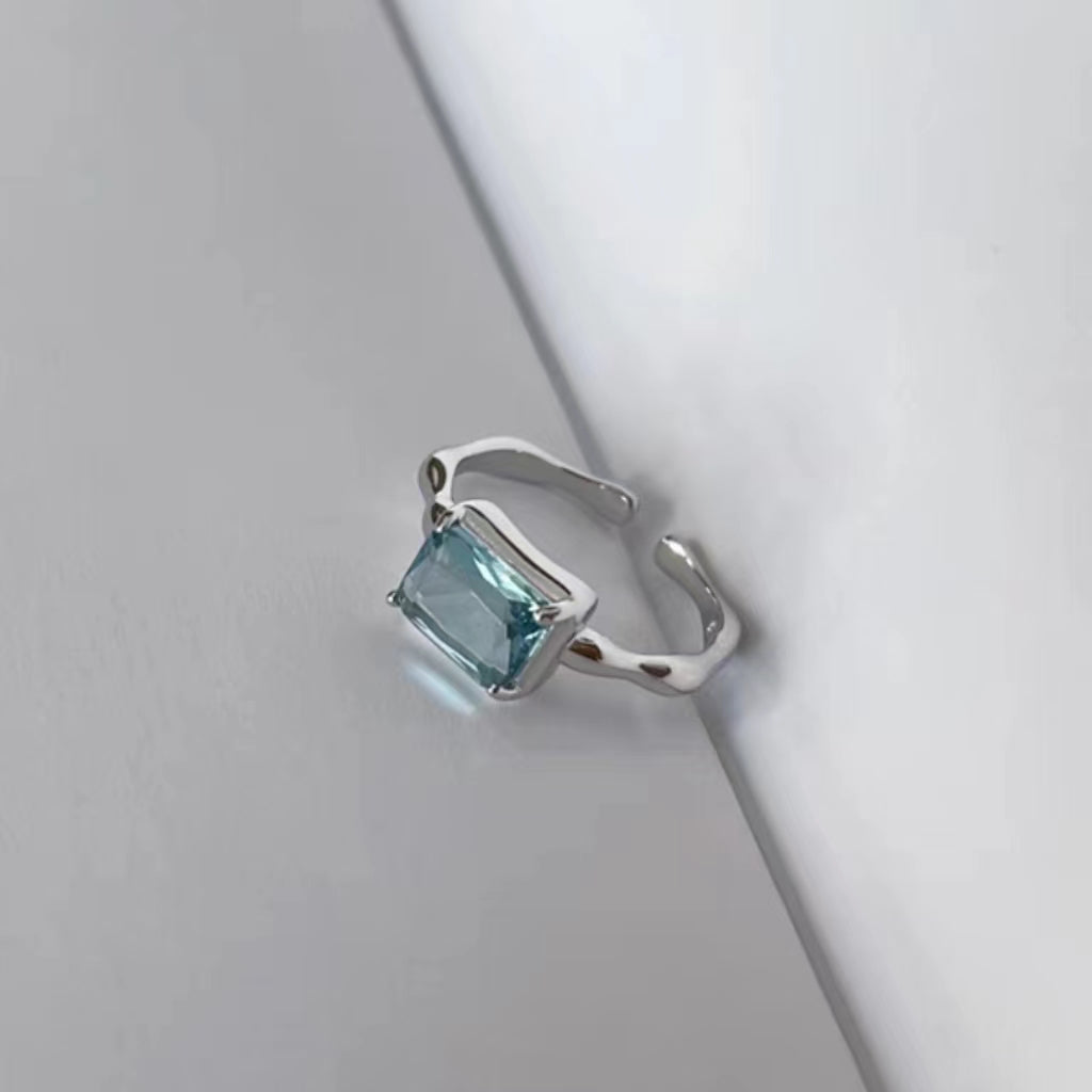 Full S925 Sterling Silver Simple Fashion Diamond Set Blue Zircon Heart Ring Open Ring