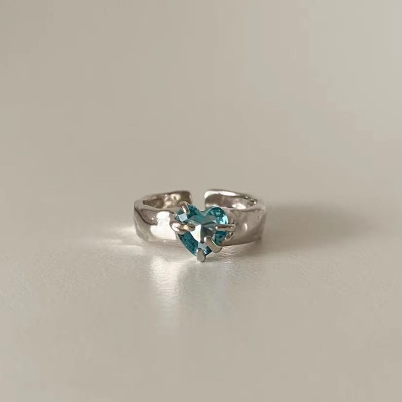 Full S925 Sterling Silver Simple Fashion Diamond Set Blue Zircon Heart Ring Open Ring