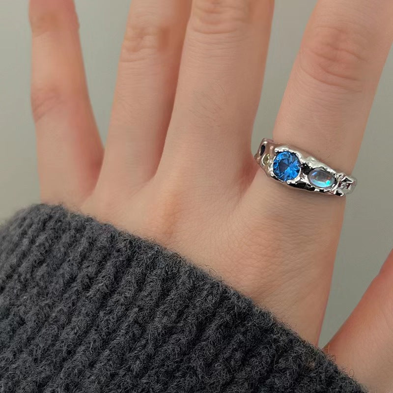 Full S925 Sterling Silver Fashion Irregular Lava Fold Texture Set with Diamond Blue Zircon Moonlight Stone Ring