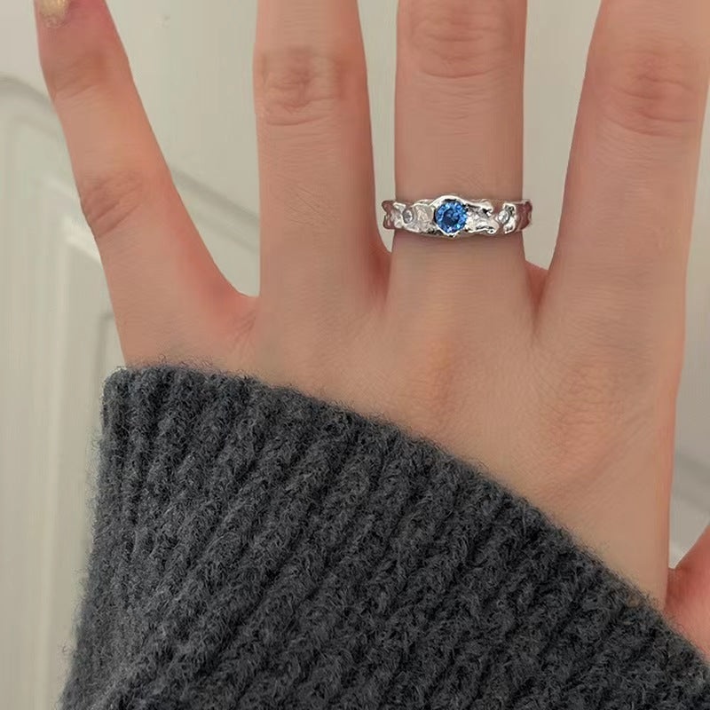 Full S925 Sterling Silver Fashion Irregular Lava Fold Texture Set with Diamond Blue Zircon Moonlight Stone Ring