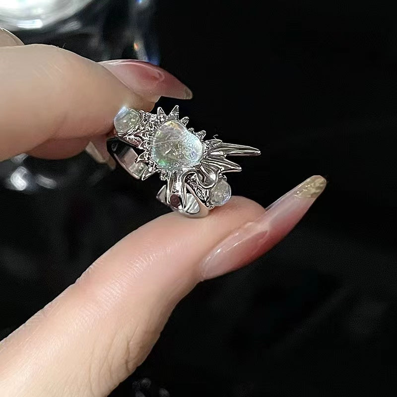 Niche design irregular French pleated texture ins dark style moonstone ring