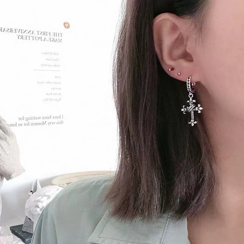 Silver Vintage flower shaped crown cross Circle Earrings