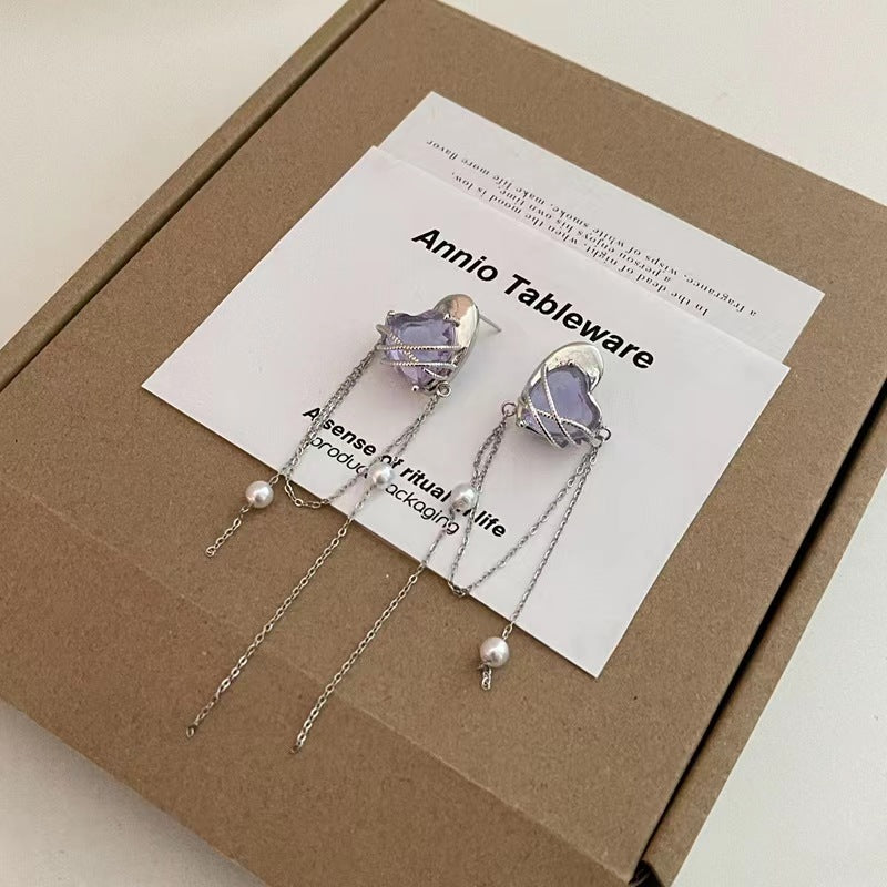 925 silver needle purple love zirconia tassel pearl earrings super fairy niche design sense senior sense earrings female tide
