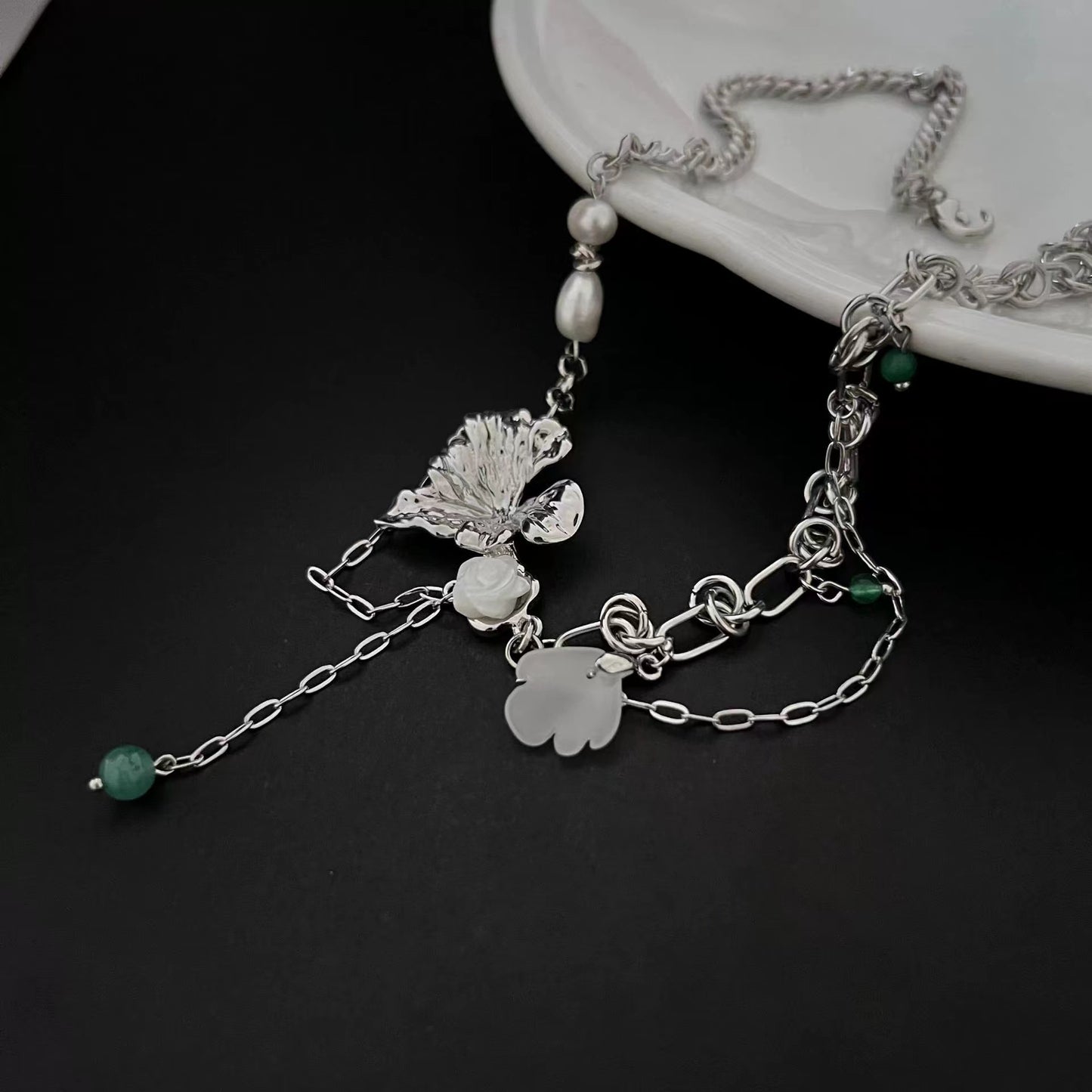 Green metal flower branch tassel chain necklace