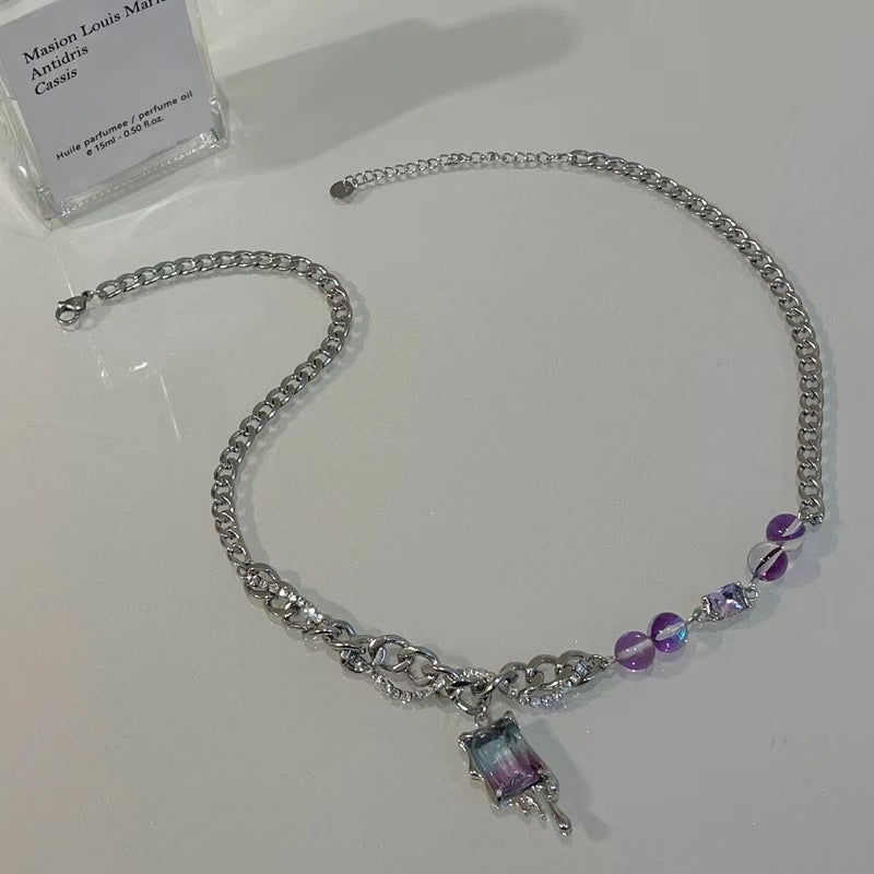 Sweet cool purple square diamond stitching round bead necklace female niche ins hip-hop design sense cold wind light luxury collarbone chain