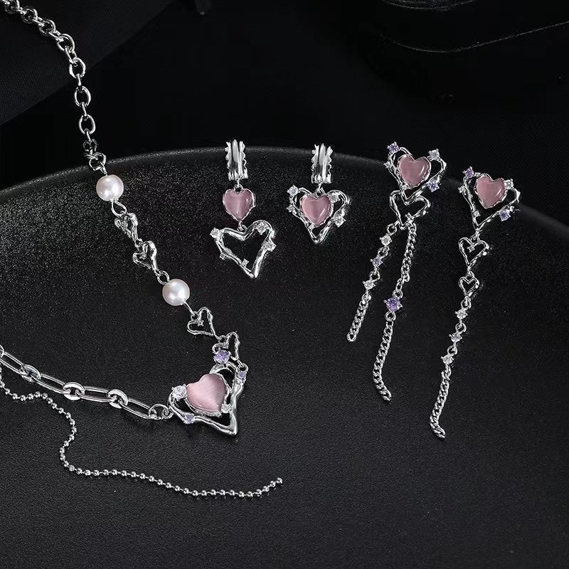 Original design love cat's eye stone necklace female temperament girls sweet cool pink necklace