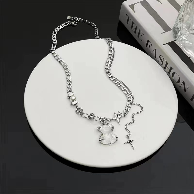 Fashion personality bear pendant stitching tassel star mango necklace female light luxury ins niche design hundred matching collarbone chain