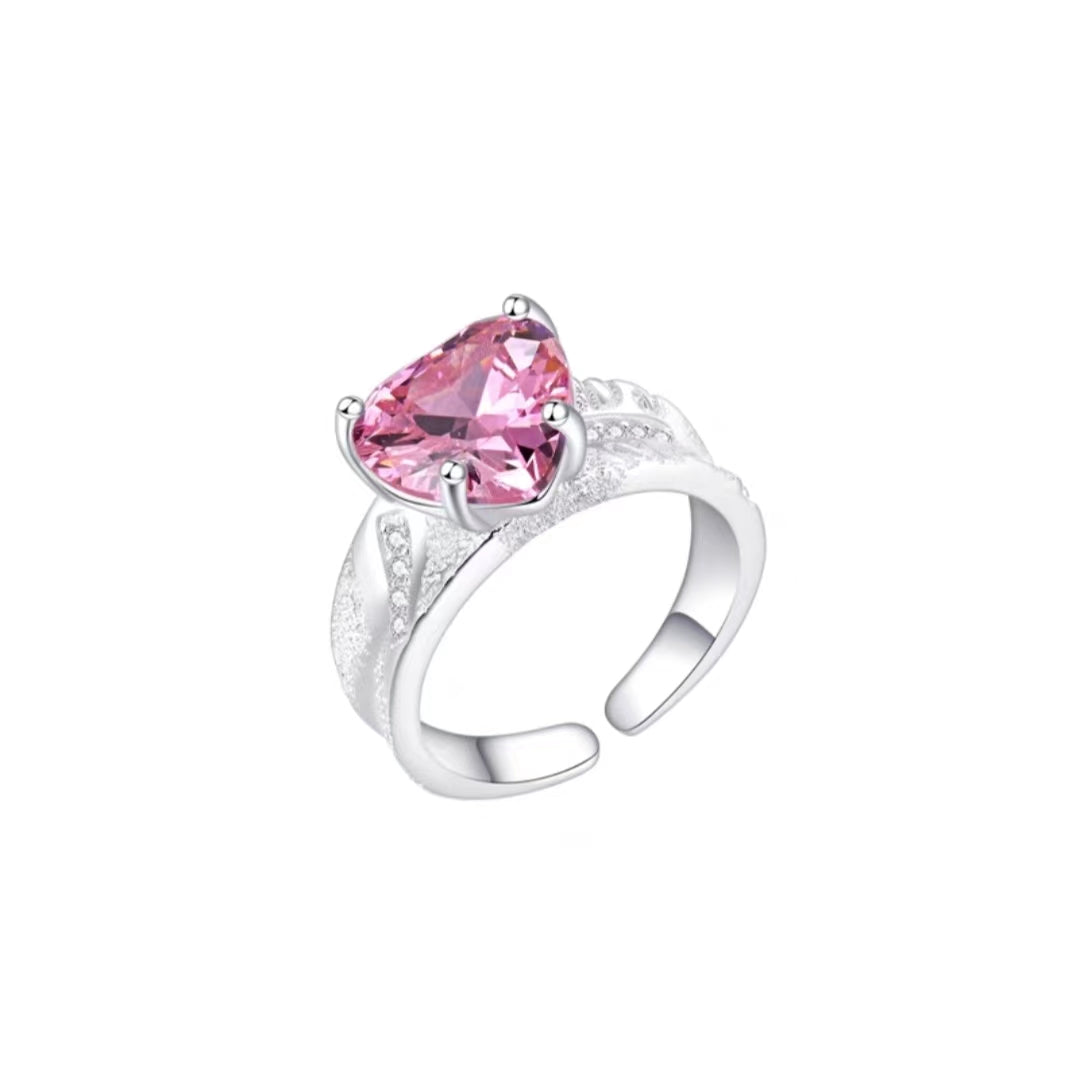 Pink heart silver ring