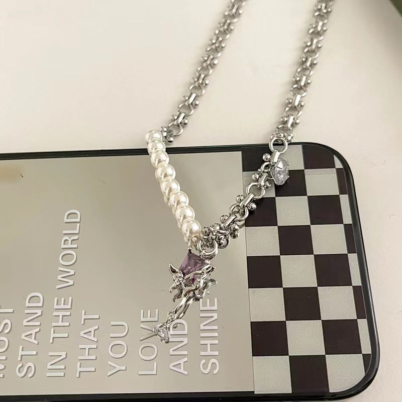 Zirconia pendant necklace female purple super fairy pearl chain splicing collarbone chain