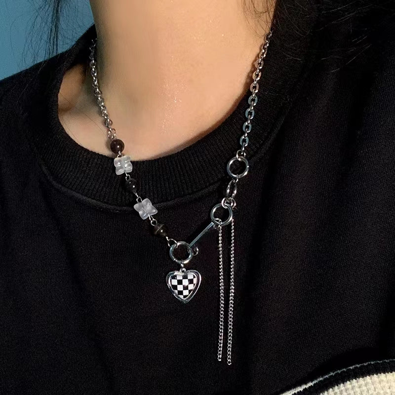Black and white checkerboard checkerboard love zirconia tassel chain necklace