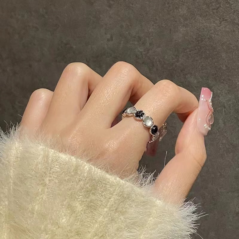 Niche design bat cat's eye stone high sense black and white gemstone open ring