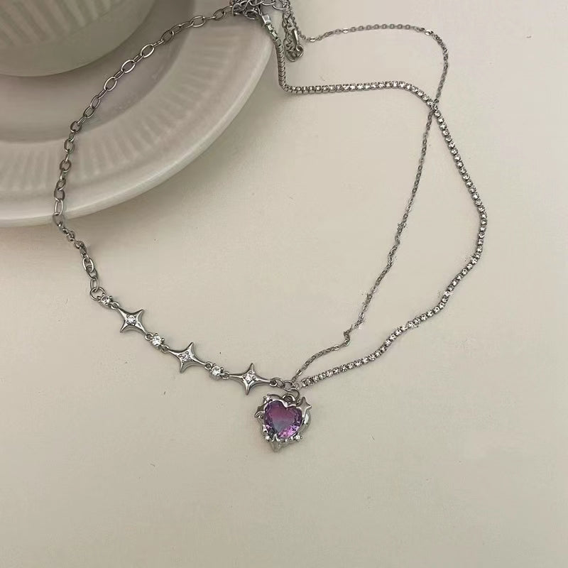 zirconia necklace double layer super fairy purple love pendant chain