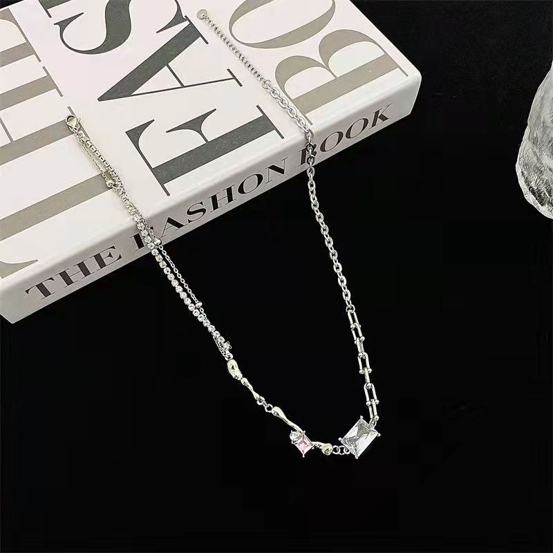 Diamond round silver collarbone chain