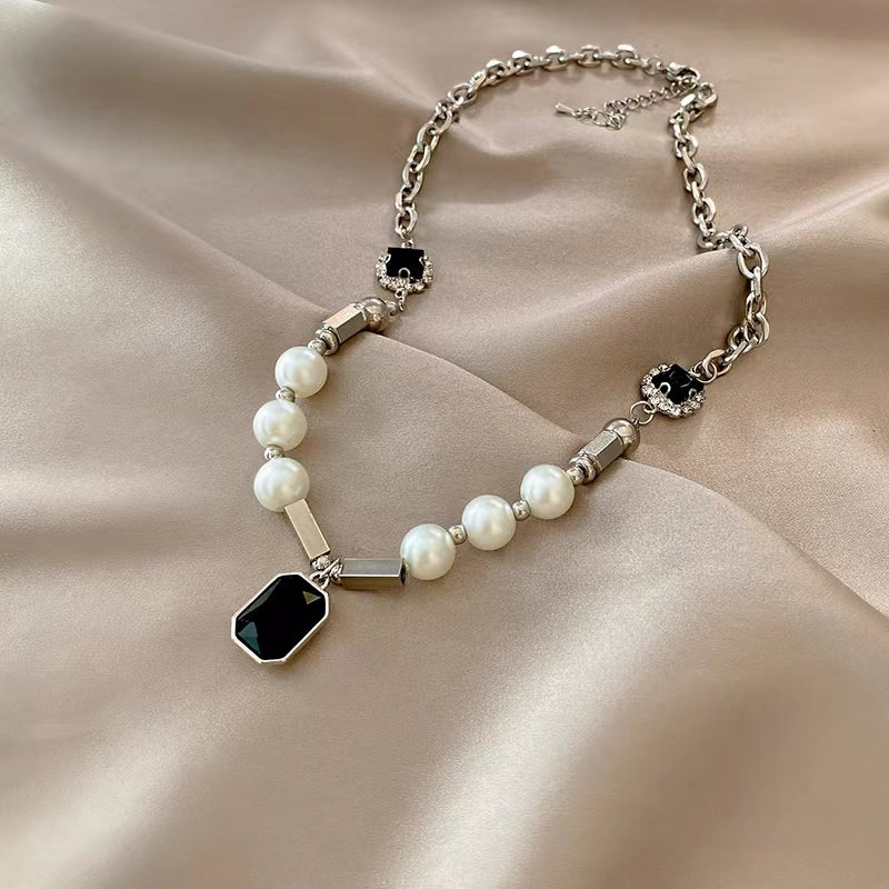 Vintage black crystal pearl patchwork necklace