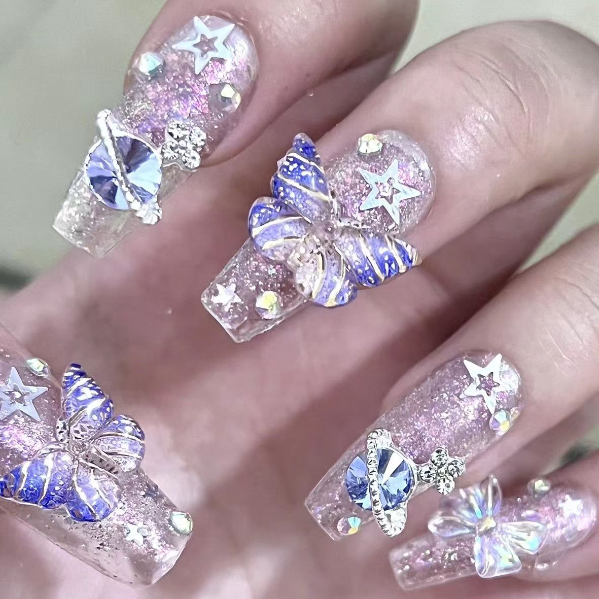 Pure handmade wear nail pink crystal butterfly handmade nail fake nail students pregnant women available nail stickers