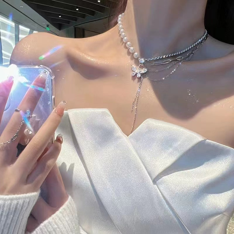 Zirconia butterfly tassel splicing niche sense of collarbone chain tide