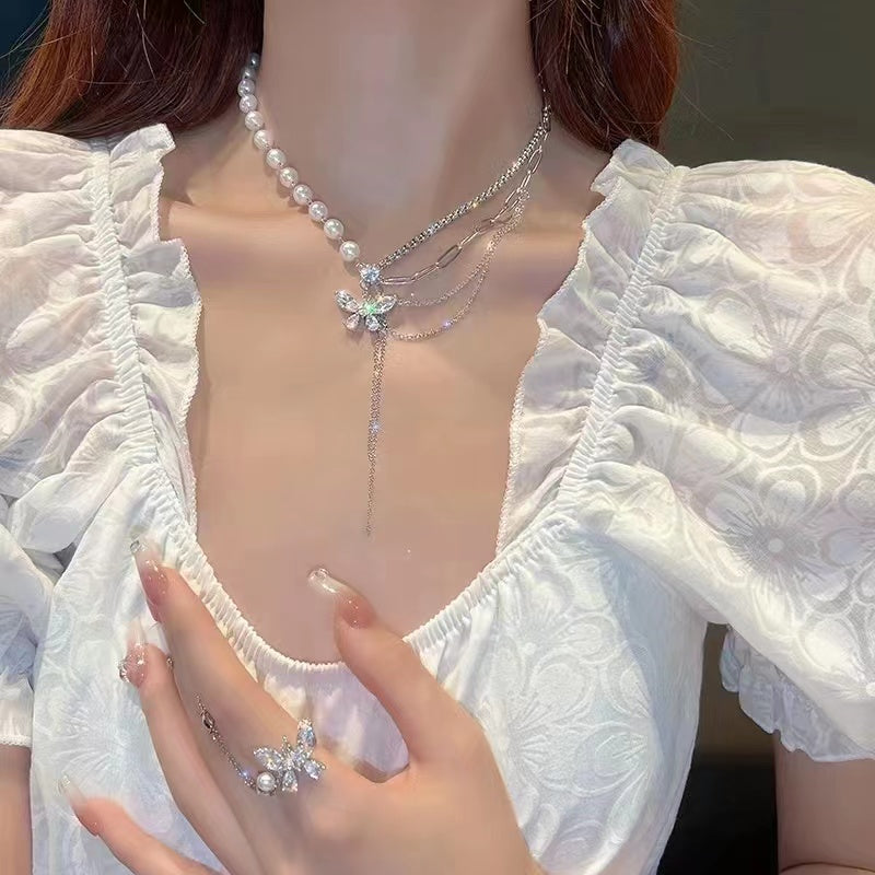 Zirconia butterfly tassel splicing niche sense of collarbone chain tide