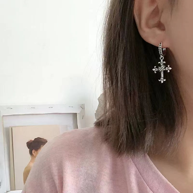 Silver Vintage flower shaped crown cross Circle Earrings