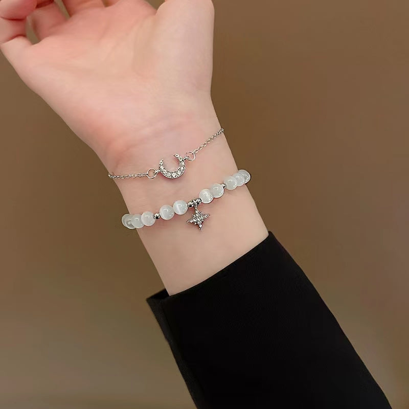Cat's eye stone and diamond star and moon couple bracelet