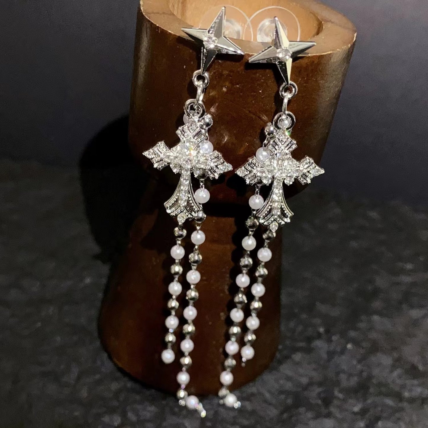 Diamond cross pearl chain beads minimalist tassel long earrings