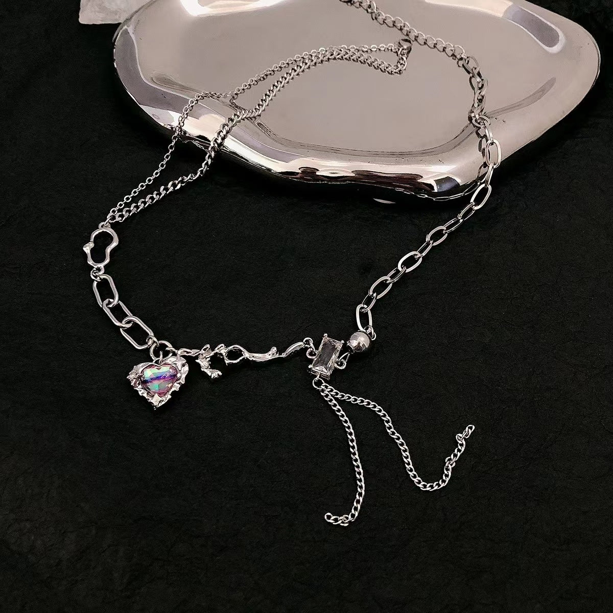 Neon gradient colorful love necklace female ins niche light luxury senior sense of temperament square diamond tassel lock chain tide
