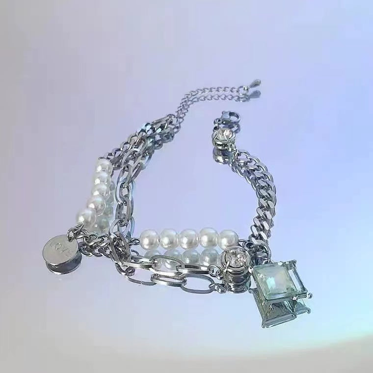 Double stacked pearl chain splicing bracelet female male ins Japanese and Korean trend light luxury niche hip-hop hand jewelry accessories
