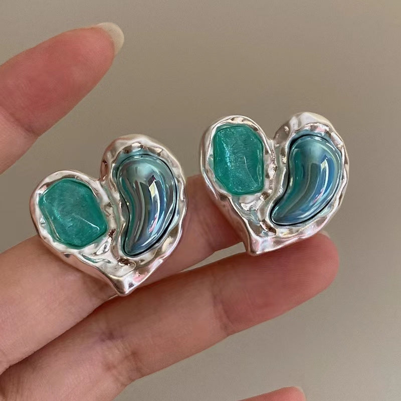 Crystal clear green love heart silver ear exaggerated earrings