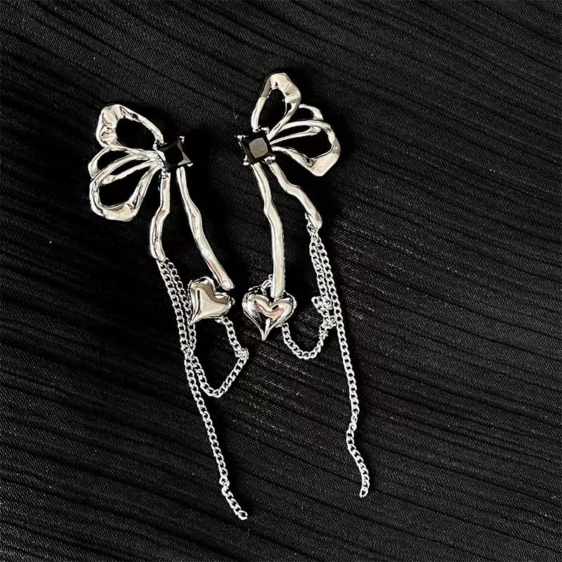 925 silver needle exaggerated butterfly tassel set diamond love ear clip
