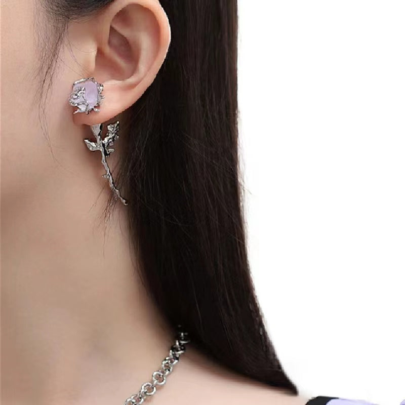 Purple imitation ore rose earrings senior sense of light luxury sweet cool rose earrings