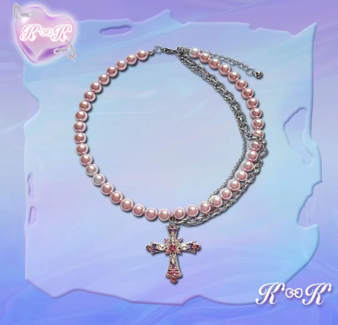 Stacked pink love pearl necklace
