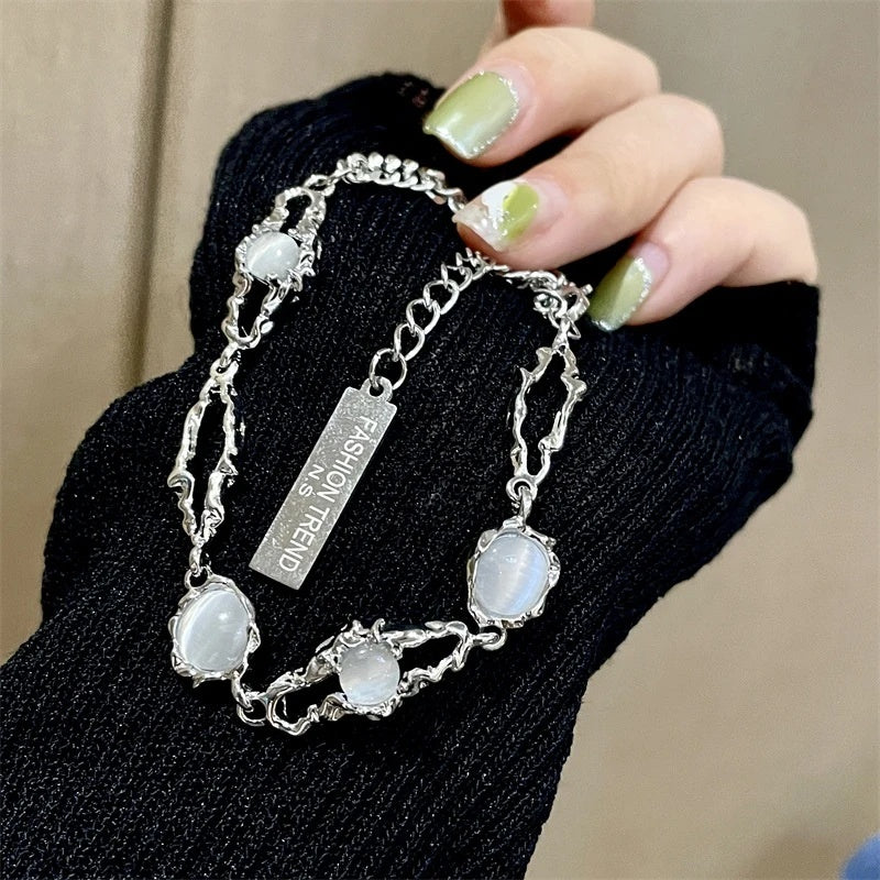Titanium Steel Niche Design Moonstone Splicing Bracelet Advanced Cold Wind White Agate Gemstone Beaded Bracelet