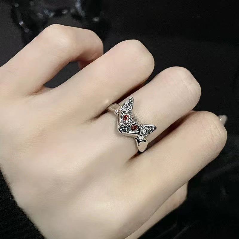 Niche design personality cold wind red zircon dark wind ring female cat claw cat tail cat open ring