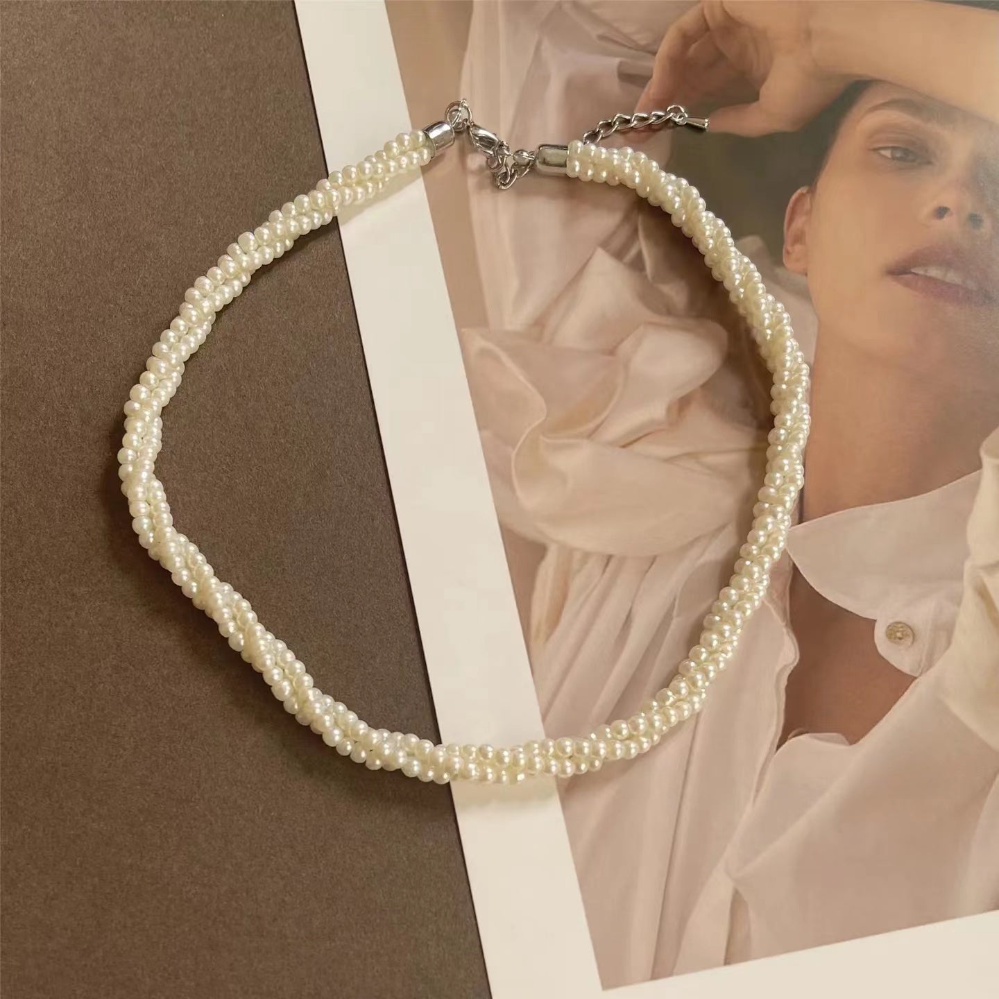Vintage French pearl necklace elegant rose collarbone chain