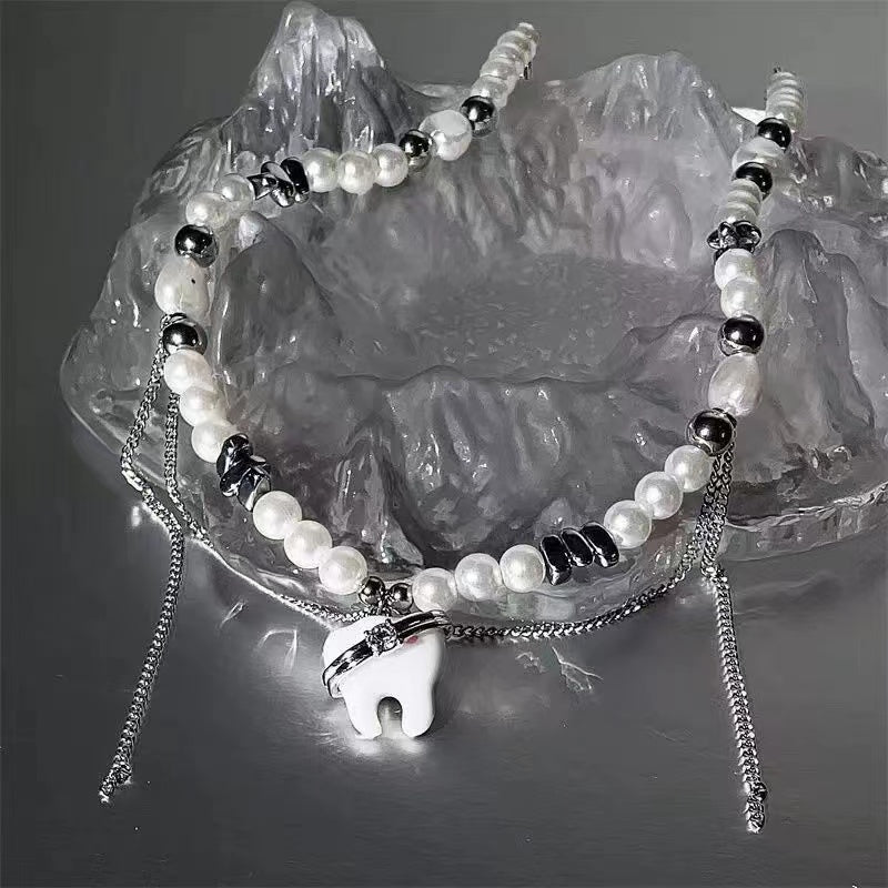 Tooth round bead mansard necklace men and women ins light luxury niche senior