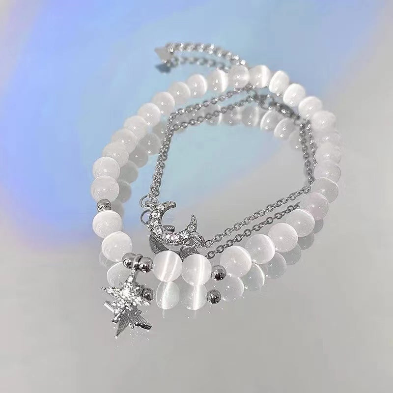 Cat's eye stone and diamond star and moon couple bracelet