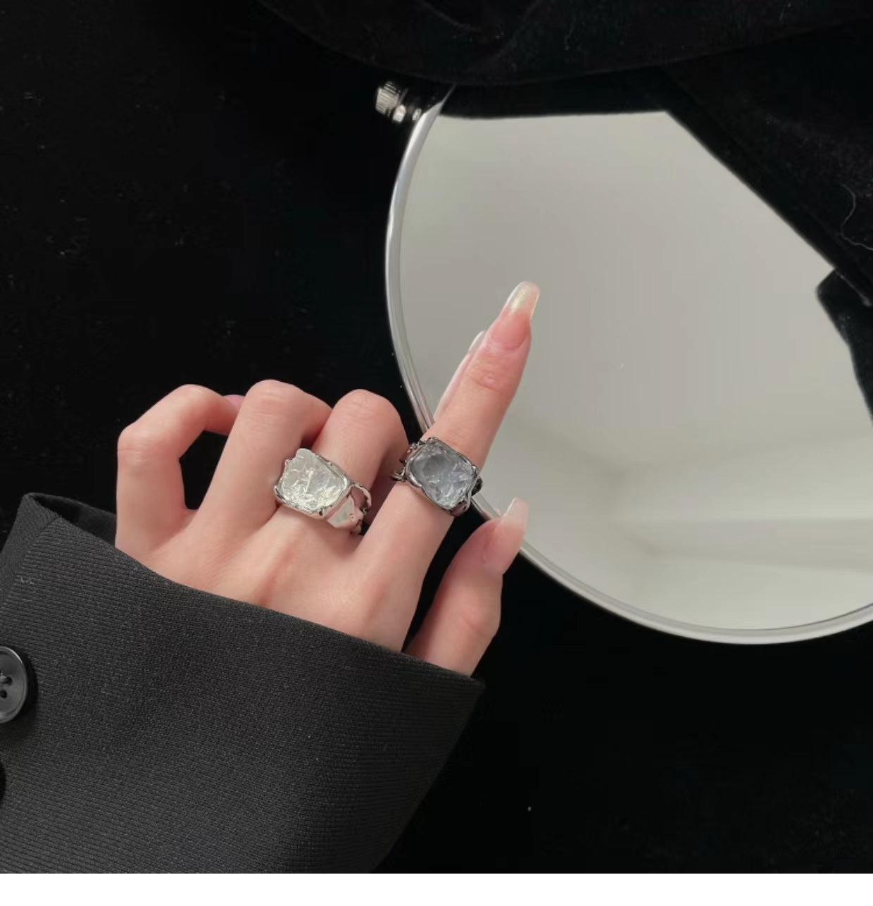 Clear floral metal irregular ring