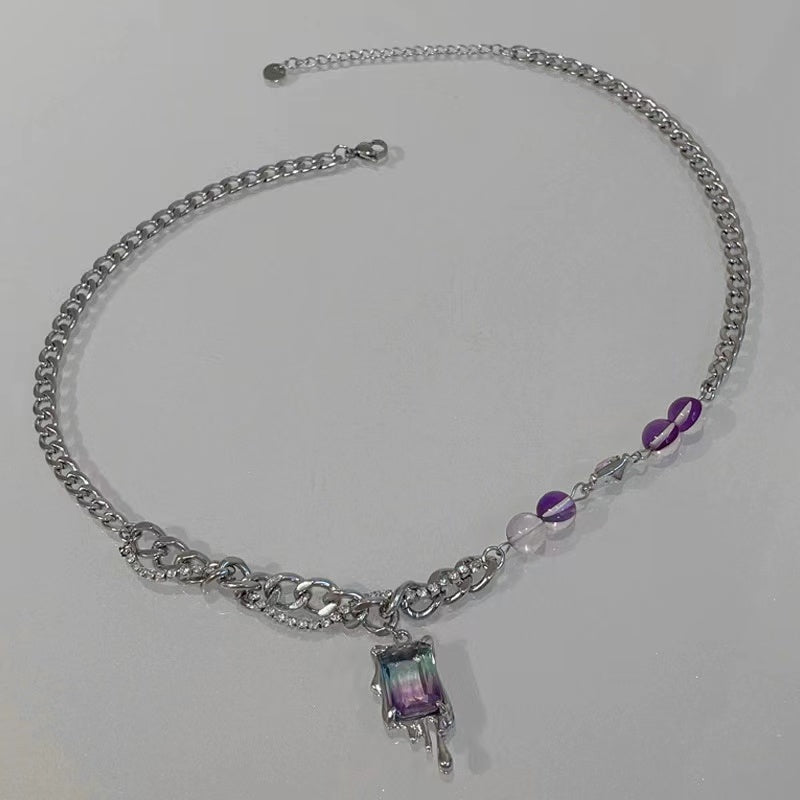 Sweet cool purple square diamond stitching round bead necklace female niche ins hip-hop design sense cold wind light luxury collarbone chain