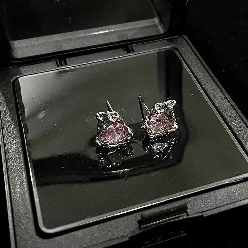 Pink zirconia love necklace niche design lava opening ring irregular senior sense of sweet cool wind earrings female