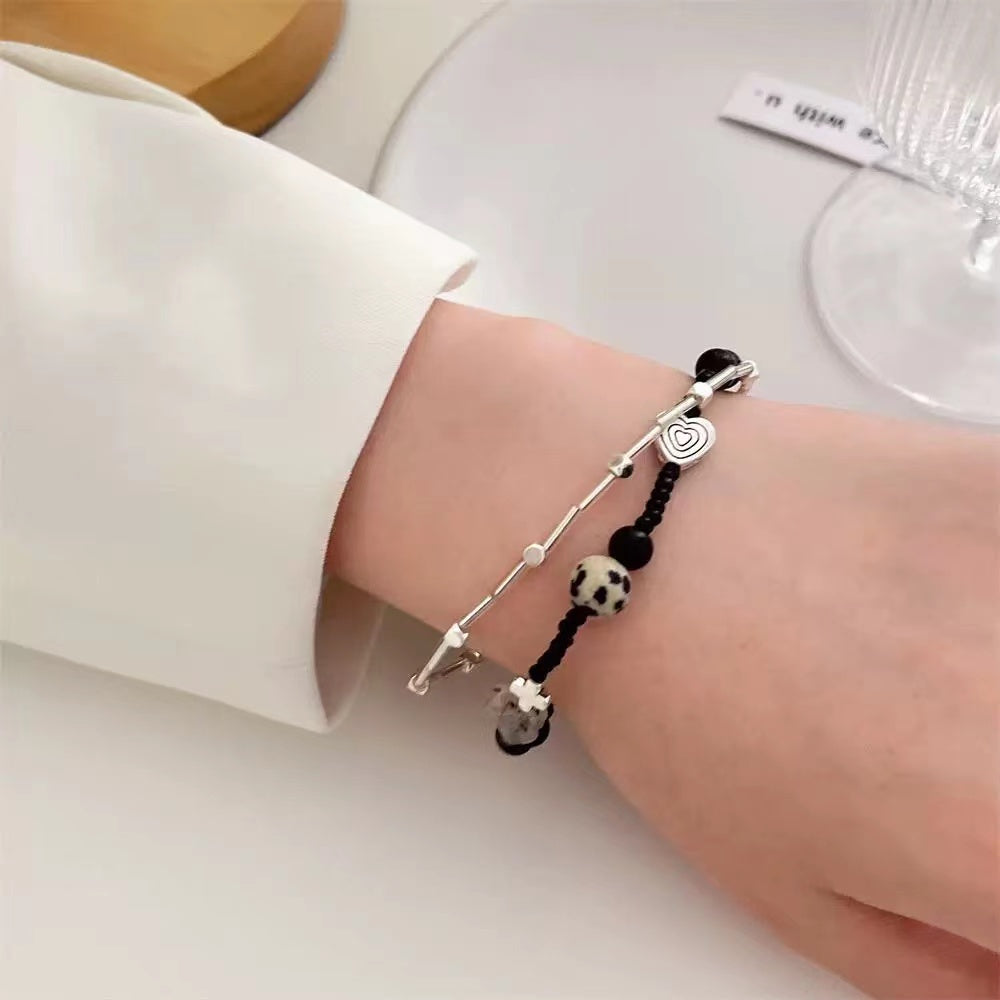 Black beaded double layer rice bead bracelet