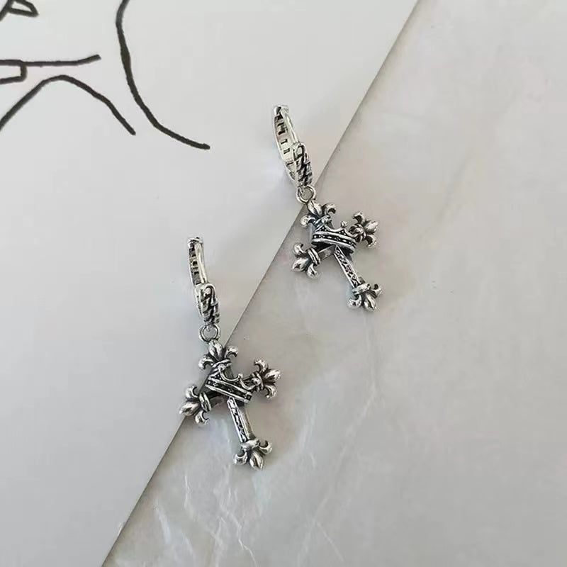 Silver Vintage flower shaped crown cross Circle Earrings