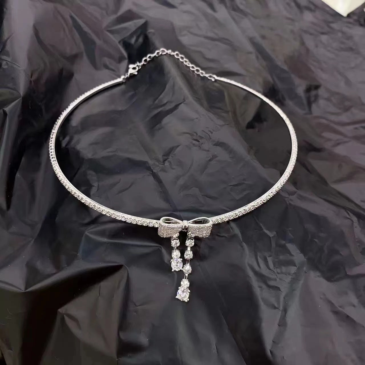 Diamond bow drop collar necklace