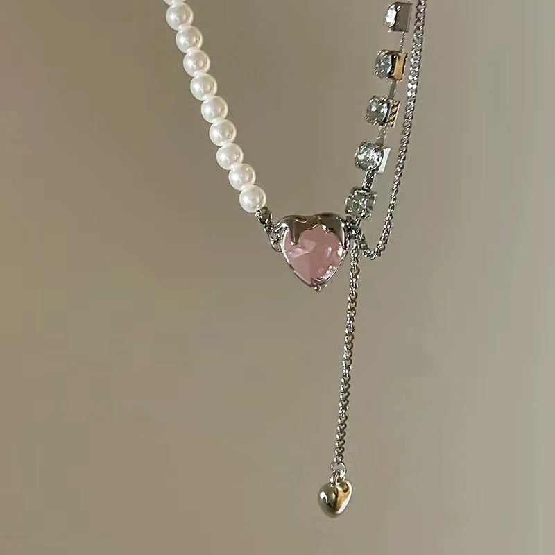 Love pearl zirconia tassel splicing necklace female summer light luxury niche design sense collarbone chain sweet cool net red accessories