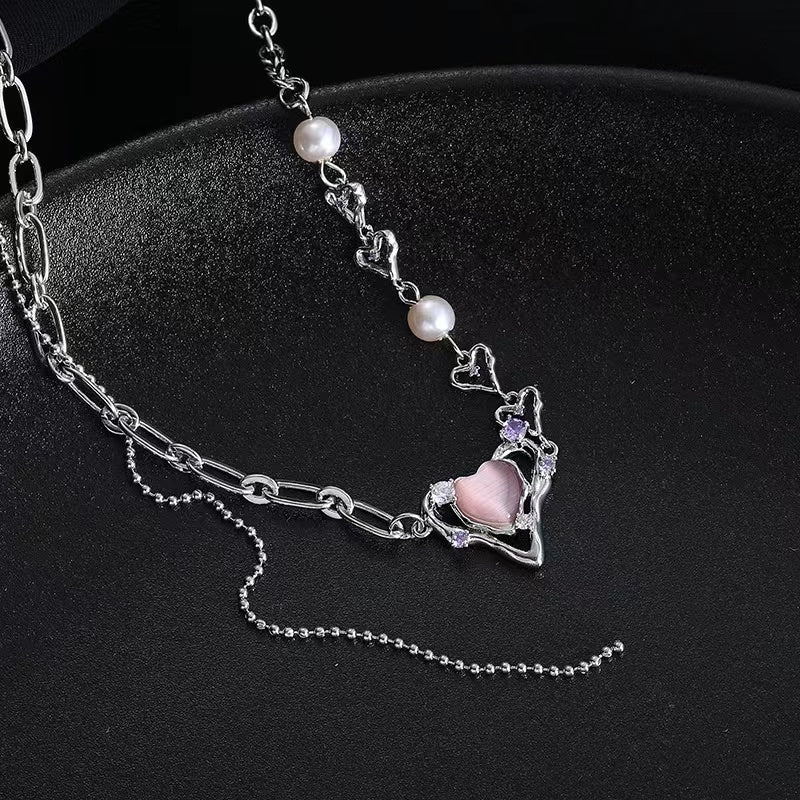 Original design love cat's eye stone necklace female temperament girls sweet cool pink necklace