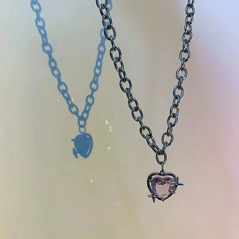 Love heart openwork pink diamond sweet cool collarbone necklace