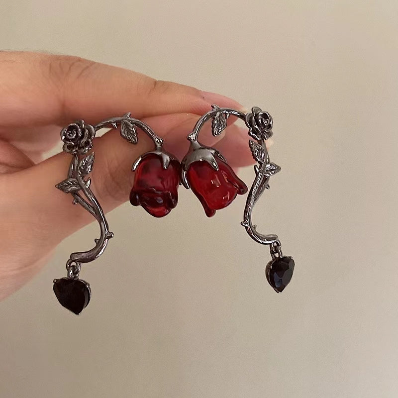 Rose Kiss Flower Twisted Heart Dangle Earrings