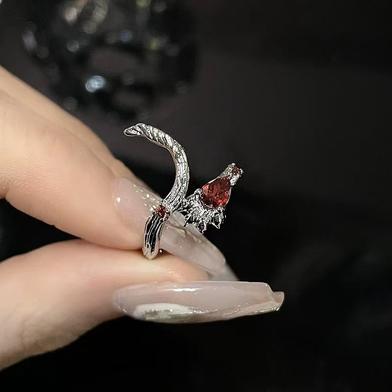 Niche design personality cold wind red zircon dark wind ring female cat claw cat tail cat open ring
