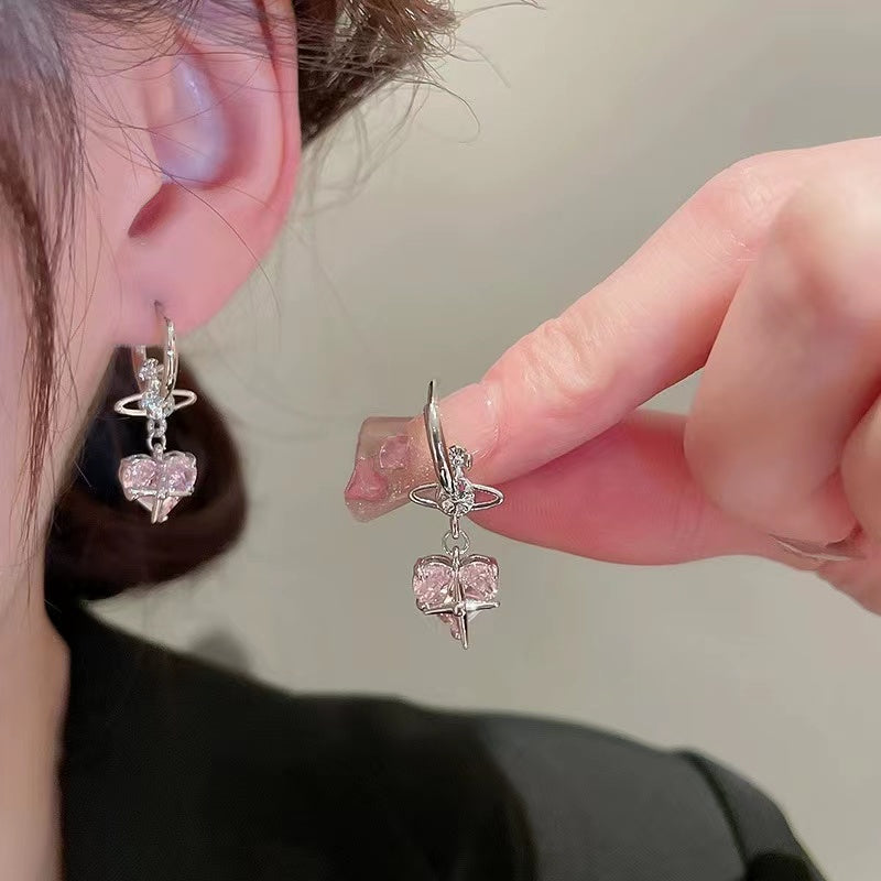 Silver pin awning star with diamond love tassel earrings niche design earrings